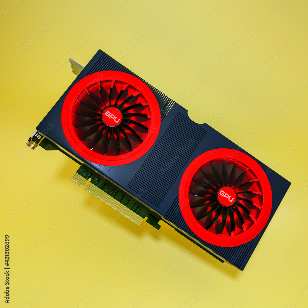 Poster modern video card on a yellow background. three-dimensional computer background of the gpu. 3d rende