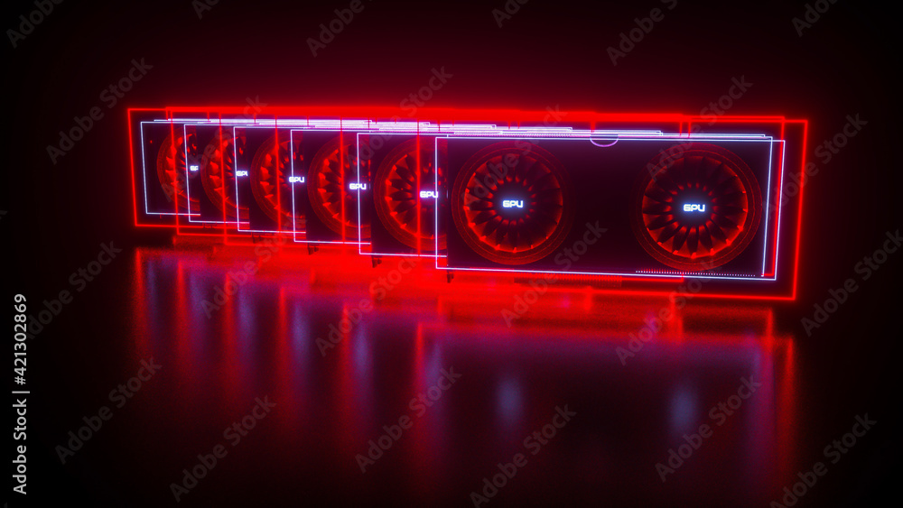 Poster video card in neon light on a black background. three-dimensional computer background of the gpu. 3d