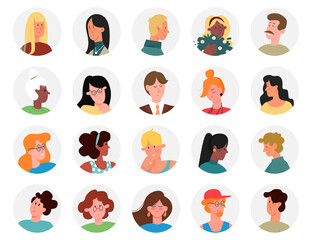 Man woman faces circle avatars for social media network vector illustration set. Cartoon business people heads, manager with glasses and happy office worker portraits front view isolated on white