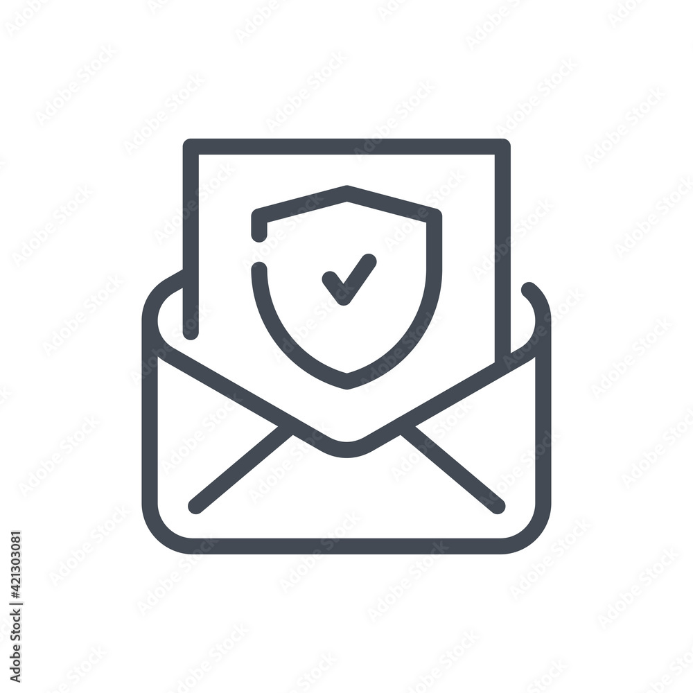 Poster open letter with shield and tick line icon. email protection and mail secure vector outline sign.