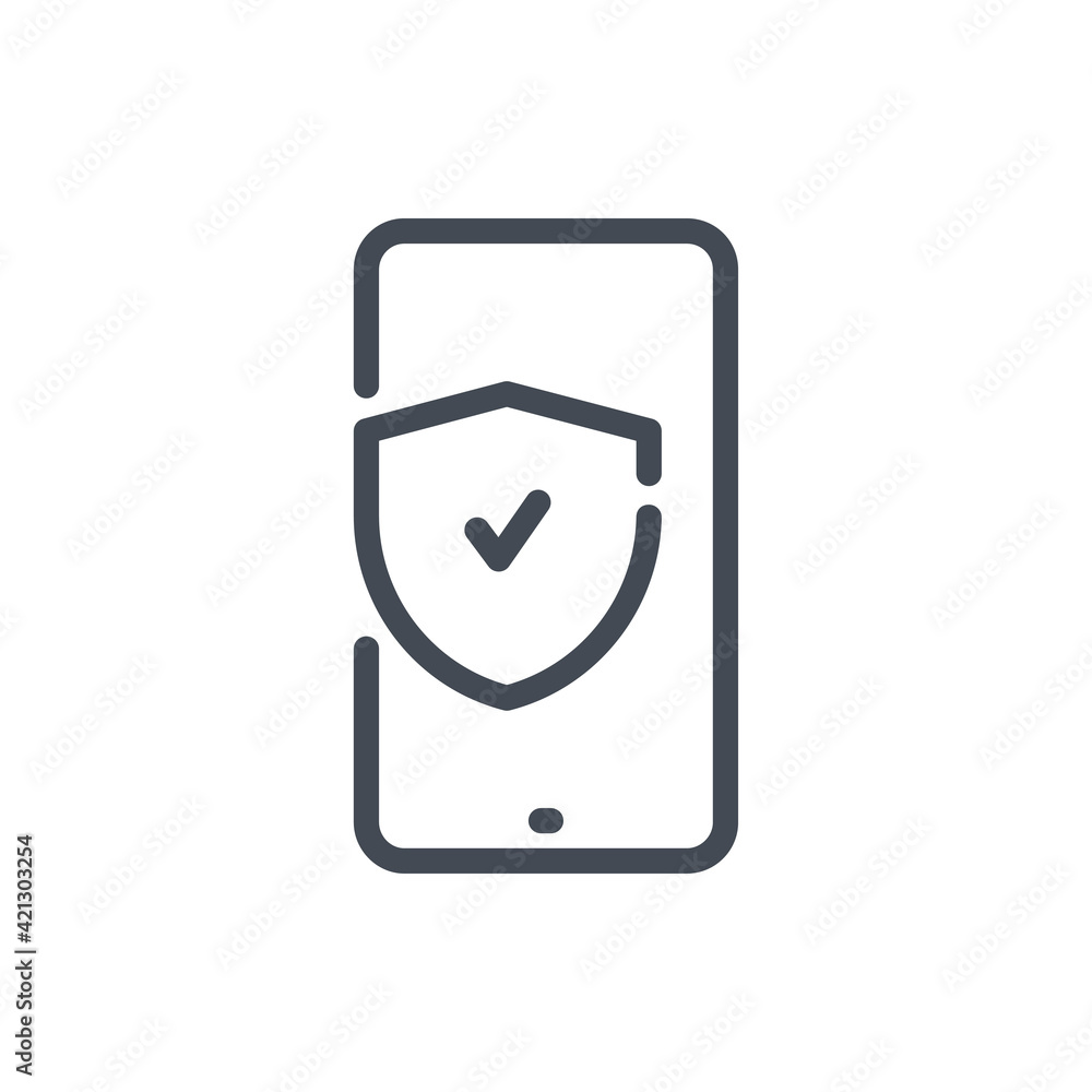 Poster mobile phone with shield and check mark line icon. mobile protection and device secure vector outlin
