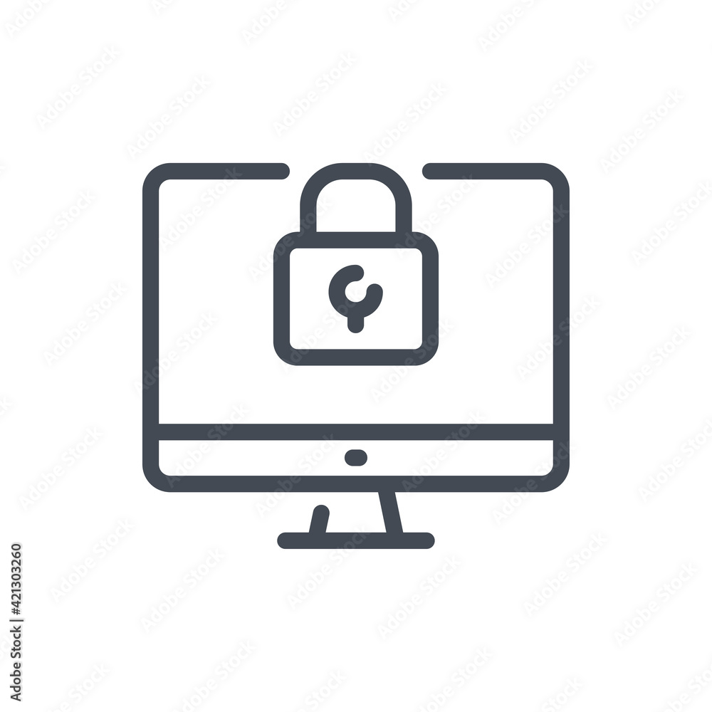 Poster computer with padlock line icon. access to computer and protection of information vector outline sig