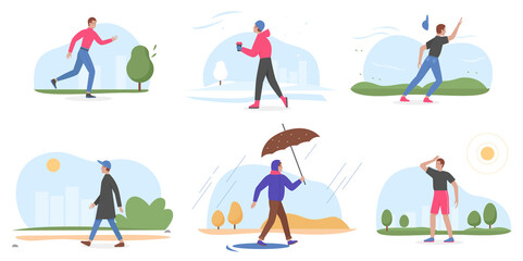 People and four seasons vector illustration set. Cartoon young man character walking in winter summer spring autumn, holding umbrella from rain, running in windy or sunny weather isolated on white