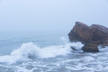 Huge shell rock with stormy sea in foggy weather 