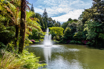 The fountain in the middle of the lake. Pukekura Park, Taranaki, New Zealand