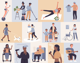 Fototapeta na wymiar People in day routine, daily activity vector illustration set. Cartoon active man woman couple character ice skating in winter, play guitar, walk dog or do yoga, disabled girl in wheelchair background