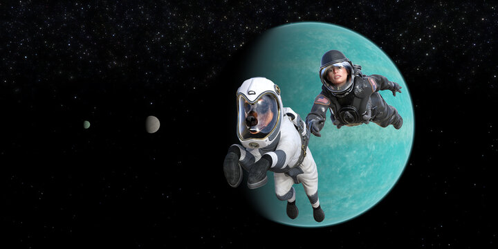 Illustration of a woman astronaut trying to catch her pet dog drifting in space with a blue planet in the background