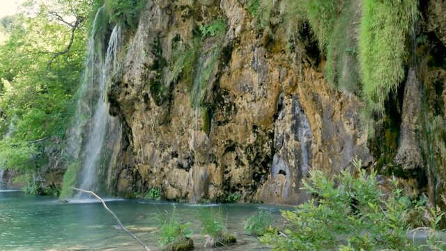 nice view on waterfall with turquoise water in the Plitvice Lakes National Park, Croatia. Europe. One of the oldest and largest national parks in Croatia. UNESCO World Heritage.