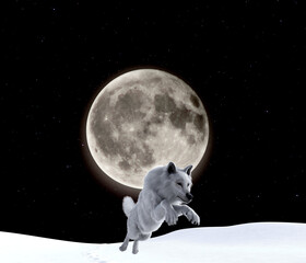 Obraz na płótnie Canvas Illustration of a wolf jumping over snow with a huge full moon in the background.