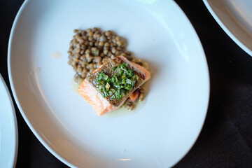 overhead view of Salmon over lentils
