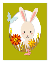 Cute rabbit with flowers, postcard illustration with cut paper effect.