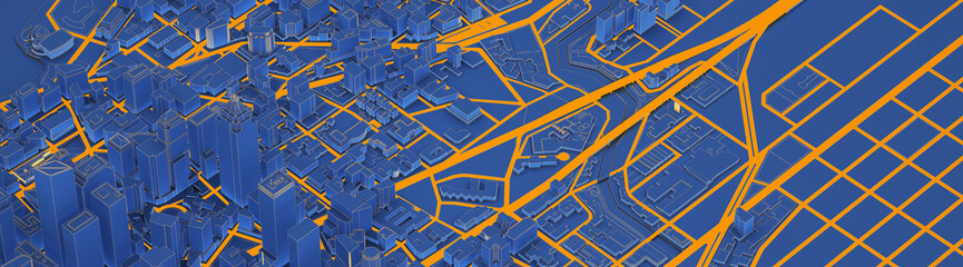 blue low poly modern downtown above view
