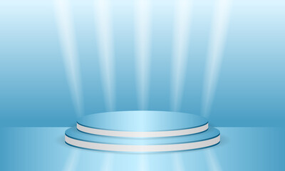 Abstract blue 3d round scene for product display. Podium in blue background with whie lines and light lights. Luxury abstract stage pedestal or scene platform. Vector illustration.