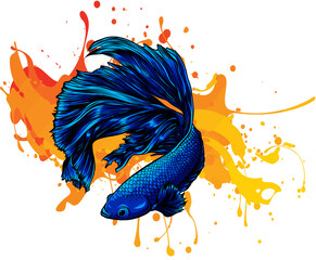 Colorful Betta Fish with green water splash Vector Illustration.