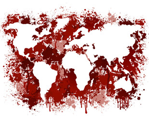 Bloody earth map. Red continents streaked with blood horrible murders and deadly chaos of global vector war.