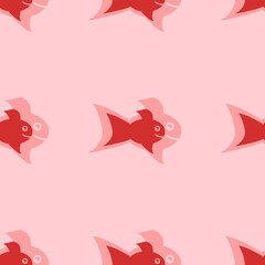 Seamless pattern of large isolated red gold fish symbols. The elements are evenly spaced. Vector illustration on light red background
