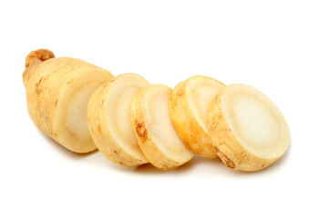 fresh ginseng  root slices on white background