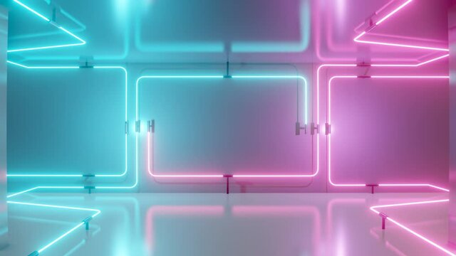 3D 4K Abstract background with a bright blue and red spectrum. A neon rectangle appears on a white wall. Abstract background with neon rectangle is great for product presentation or lettering.
