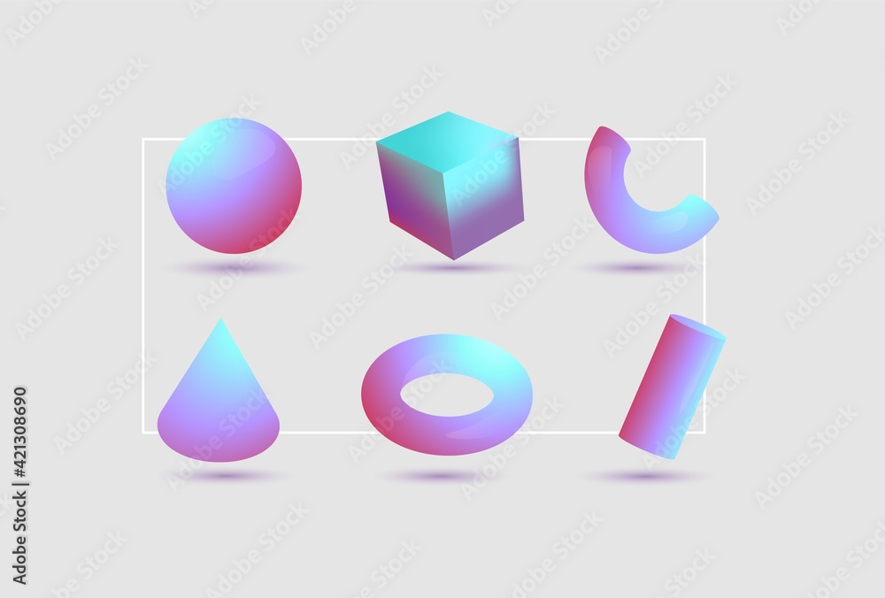Aufkleber geometric shapes in neon color. pink ball with cube and blue hemisphere gradient futuristic cone and