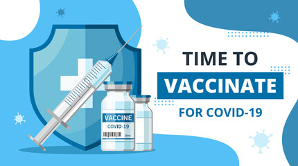 Time to vaccinate.Bottle and syringe with vaccine injection from covid-19 virus.Medical treatment and healthcare.Antiviral vaccination concept for web design, banner, poster.Stop pandemic coronavirus