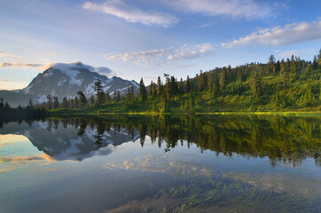 USA, Washington State. Mount Shuksan from Picture Lake, North Cascades.