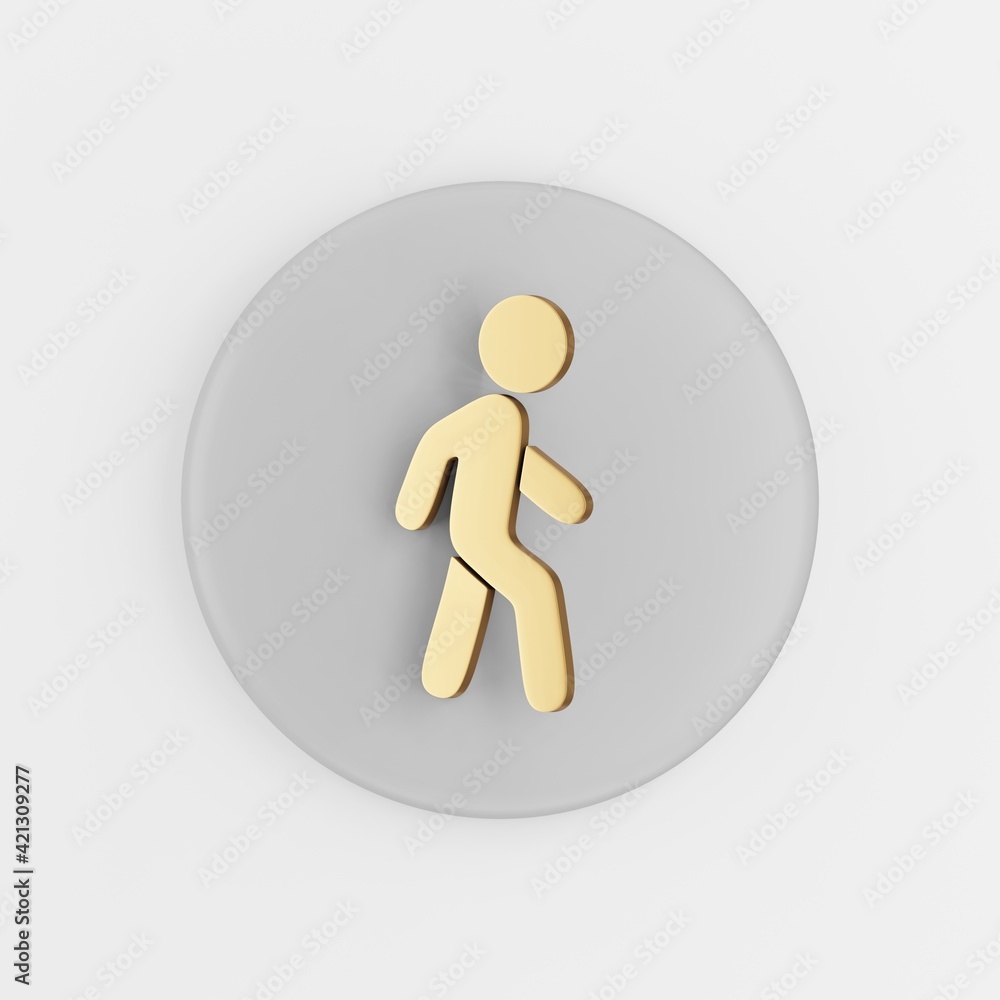 Poster golden walking man flat outline icon. 3d rendering round gray key button, interface ui ux element.