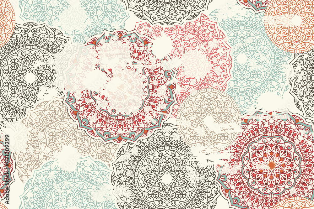 Poster Abstract seamless turkish pattern with blots and an effect of attrition in retro colors. Shabby carpet from mandalas. Vector Background for ceramic tile, wallpaper, linoleum, textile, rug, web page