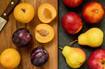 Fruit - plum, pear, red orange and apple closeup