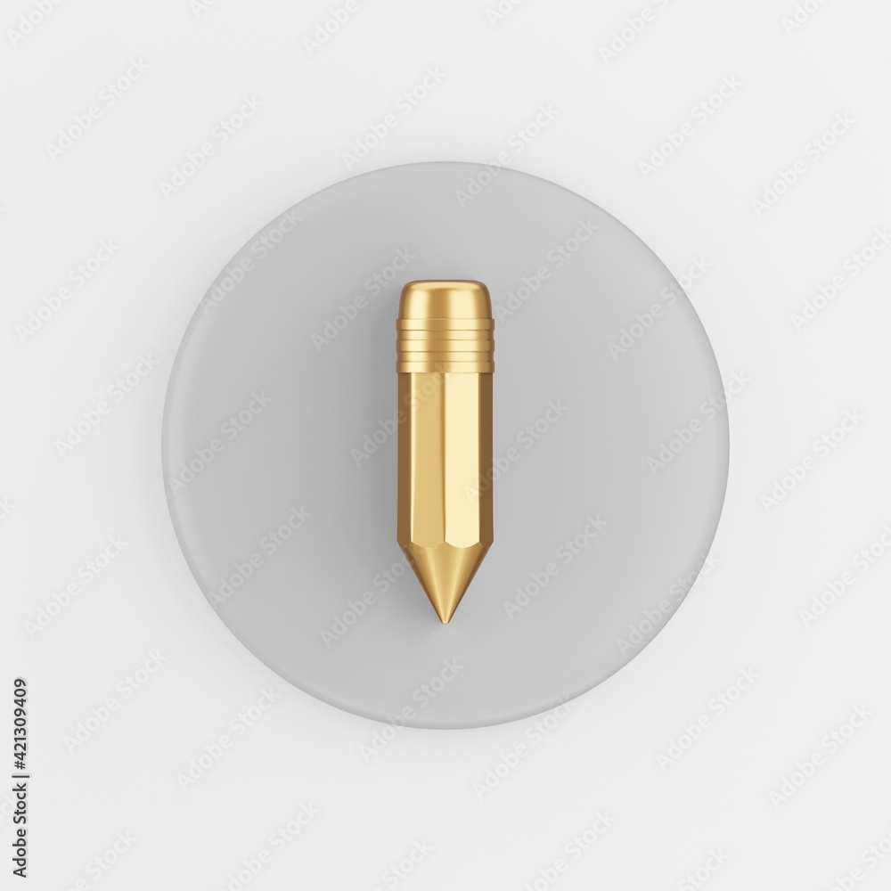 Poster gold pencil icon. 3d rendering round gray key button, interface ui ux element.