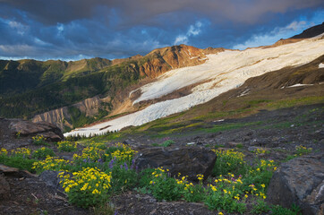 USA, Washington State. Bastille Ridge and Coleman Glacier from meadows of Heliotrope Ridge, Mount Baker Wilderness, North Cascades.