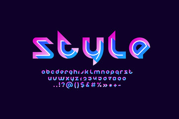 Style future font, pink modern alphabet, trendy letters and numbers with blue shadow, vector illustration 10EPS