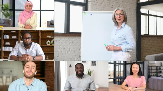 Online education concept. Confident senior online teacher, tutor with a whiteboard conducts webinar, a group of diverse student listening carefully, app for participation online classes, e-studying