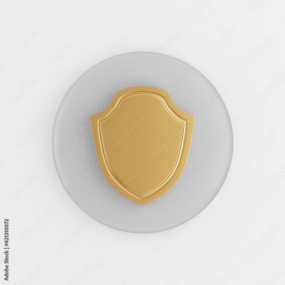 Poster flat outline golden shield icon. 3d rendering round gray key button, interface ui ux element.