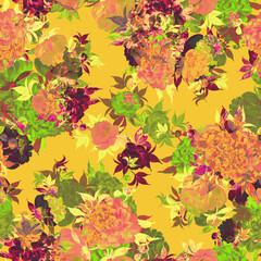 Abstract floral seamless pattern painted with paints lovely peonies with foliage