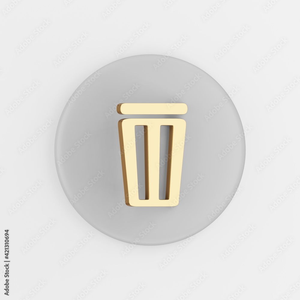 Poster flat outline golden trash bin icon. 3d rendering round gray key button, interface ui ux element.