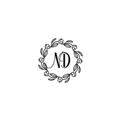 ND initial letters Wedding monogram logos, hand drawn modern minimalistic and frame floral templates