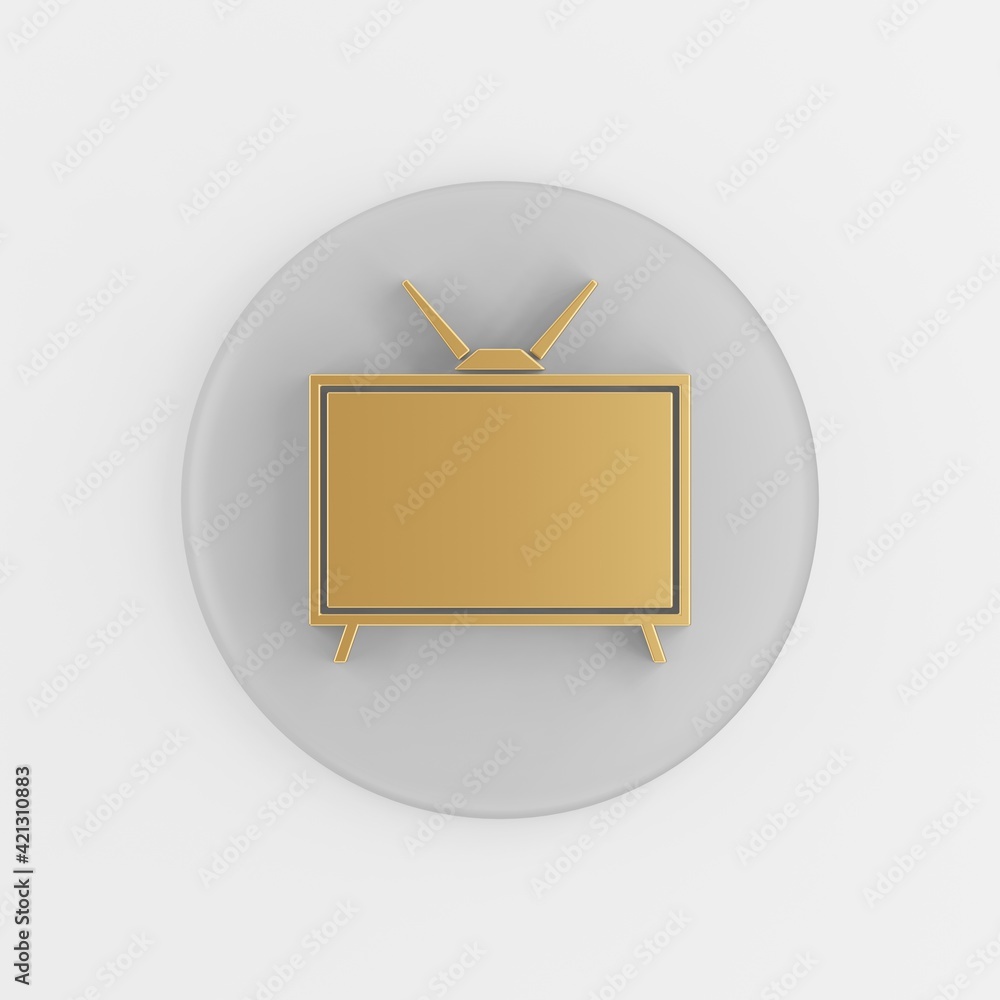 Poster golden retro tv icon in flat style. 3d rendering round gray key button, interface ui ux element.