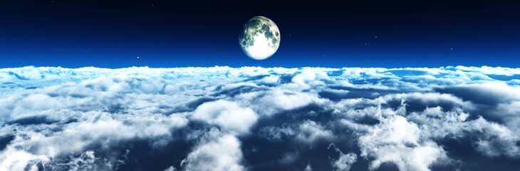 Moon and clouds, cloudy landscape with the moon, moonrise above the clouds, clouds top view, 3d rendering