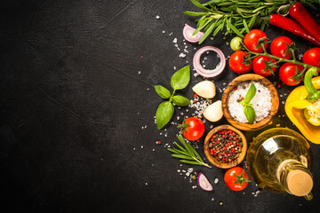 Food cooking background top view.