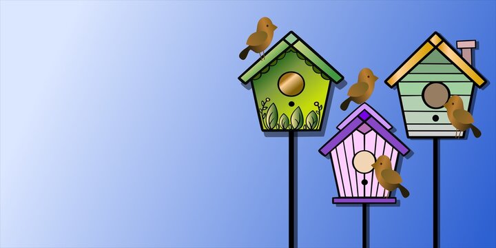 Fototapeta Vector illustration. A card with an empty space for inscriptions with birdhouses