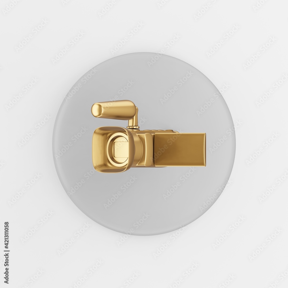 Poster gold digital video camera icon. 3d rendering round gray key button, interface ui ux element.