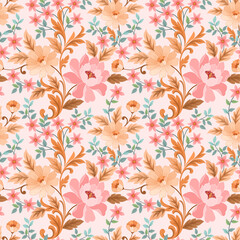 Pink hand drawn flower seamless pattern background design for fabrics, textiles, gift wrapping, wallpapers, backgrounds, and backdrops.