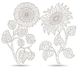 Set of contour illustrations in stained glass style with sunflower flowers, dark outlines isolated on a white background