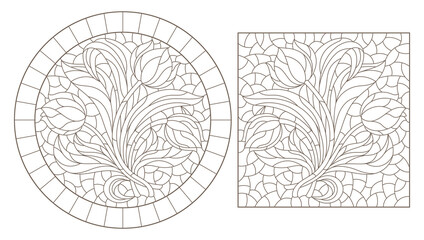 Set of contour illustrations in stained glass style with tulip flowers, dark outlines on a white background
