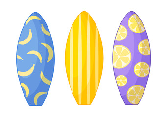 Surfboards set. Vector illustration isolated on white background. Collection of cartoon boards with surf patterns
