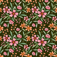 Colorful hand drawn flower seamless pattern background design for fabrics, textiles, gift wrapping, wallpapers, backgrounds, and backdrops.