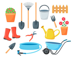 Set of vector illustrations for the garden. collection of items for agriculture in cartoon style. Isolated on white background. Watering can, boots, garden wheelbarrow, shovels, flowers, hose, bucket
