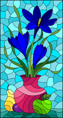 Illustration in stained glass style with floral still life, a bouquet of blue flowers in a vase and fruit on a blue sky background