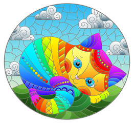Obraz na płótnie Canvas Illustration in stained glass style with abstract cute rainbow cat on a blue background, oval image