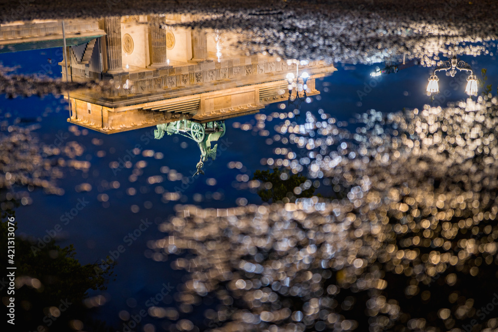 Canvas Prints reflection of the brandenburg gate in a rain puddle at night